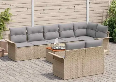 Set de canapele de grădină cu 9 piese și perne bej din poli ratan acacia - 3/5