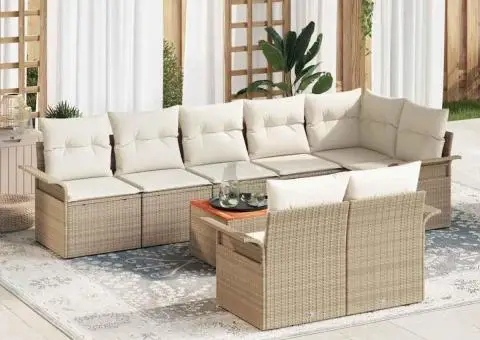 Set de canapea pentru grădină cu 9 piese și perne bej din rattan poli - 1/5