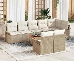 Set de canapea pentru grădină cu 9 piese și perne bej din rattan poli
