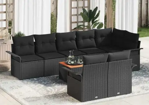 Set canapea grădină 9 piese cu perne Negru Poliratan Acacia - 1/5