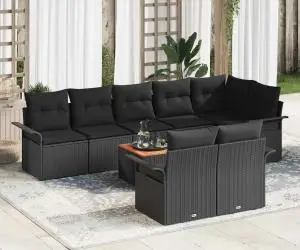 Set canapea grădină 9 piese cu perne Negru Poliratan Acacia