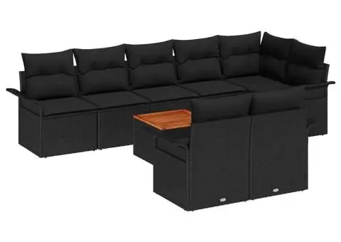 Set canapea grădină 9 piese cu perne Negru Poliratan Acacia - 2/5