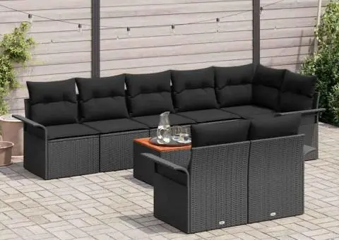 Set canapea grădină 9 piese cu perne Negru Poliratan Acacia - 3/5