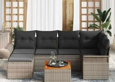 Set de canapele pentru grădină cu perne gri din poliratan și acacia - 3/5