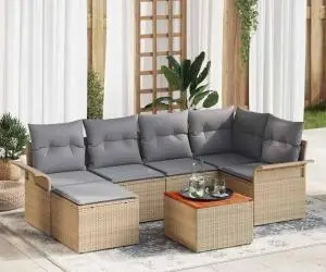 vidaXL Set de 7 Piese pentru Gradina cu Pernute Bej Ratan Acacia