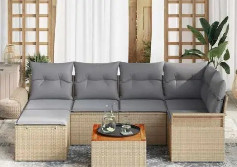 Set de 7 Piese pentru Gradina cu Pernute Bej Ratan Acacia - 3/5