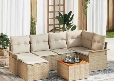 Set 7 piese canapea de grădină cu perne bej din poliratan și acacia - 1/5