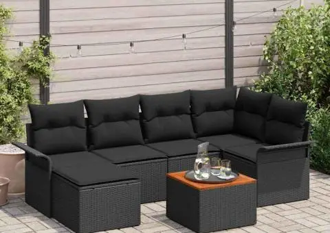 Set canapea cu 7 piese, perne negre din poliratan și lemn de acacia - 1/5