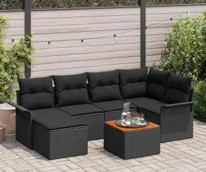 Set canapea cu 7 piese, perne negre din poliratan și lemn de acacia