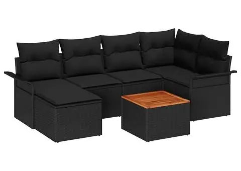 Set canapea cu 7 piese, perne negre din poliratan și lemn de acacia - 2/5