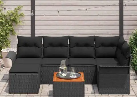 Set canapea cu 7 piese, perne negre din poliratan și lemn de acacia - 3/5