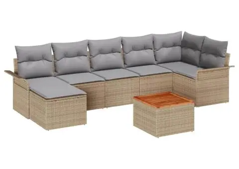 Set de canapele de grădină cu 8 piese și perne Bej din poliratan Acacia - 2/5