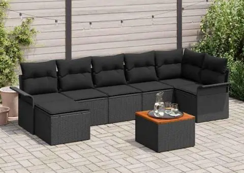 Set canapea grădină 8 piese perne Negru Poliratan Acacia - 1/5