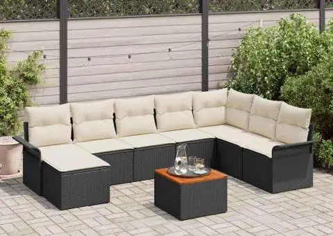 Set de canapea de grădină , 9 piese, cu perne, ratan negru și acacia - 1/5