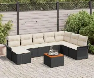 vidaXL Set de canapea de grădină , 9 piese, cu perne, ratan negru și acacia