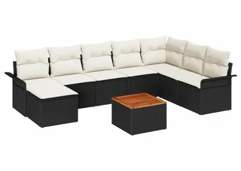 Set de canapea de grădină , 9 piese, cu perne, ratan negru și acacia - 2/5