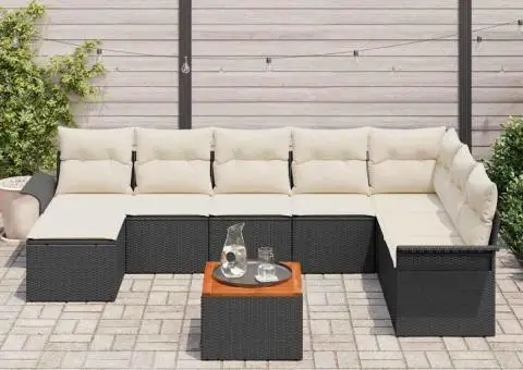 Set de canapea de grădină , 9 piese, cu perne, ratan negru și acacia - 3/5