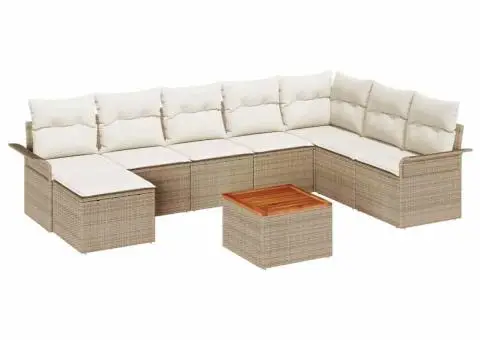 Set Canapea de Grădină cu 9 Piese cu Perne Bej Ratan Poliamidă - 2/5