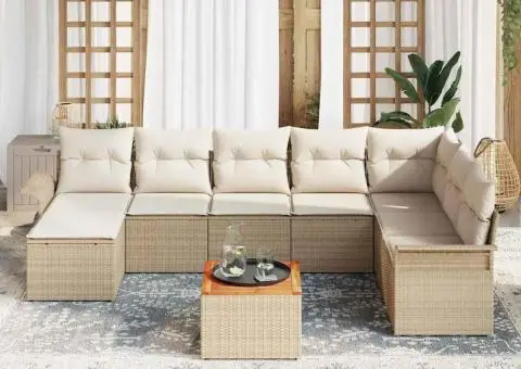 Set Canapea de Grădină cu 9 Piese cu Perne Bej Ratan Poliamidă - 3/5