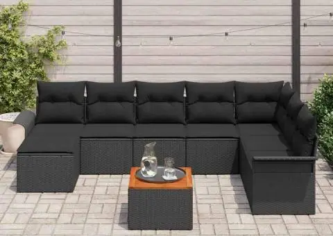 Set Canapea Grădină cu Pernă Negru din Poliratan și Acacia - 3/5