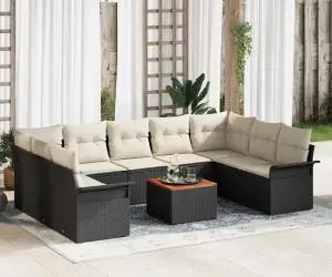 Set de Canapea pentru Grădină cu 10 Piese cu Perne Negru Poliratan Acacia