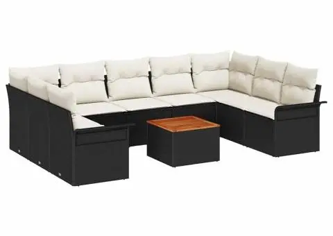 Set de Canapea pentru Grădină cu 10 Piese cu Perne Negru Poliratan Acacia - 2/5