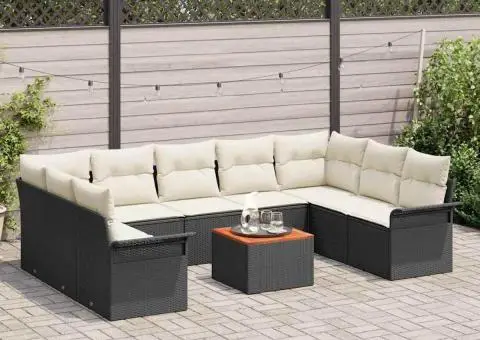 Set de Canapea pentru Grădină cu 10 Piese cu Perne Negru Poliratan Acacia - 3/5