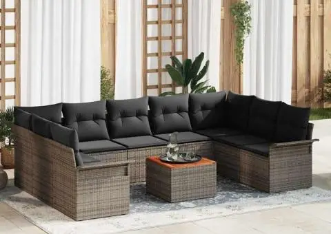 Set de canapele cu 10 piese pentru grădină cu perne Gri Poliratan Acacia - 1/5