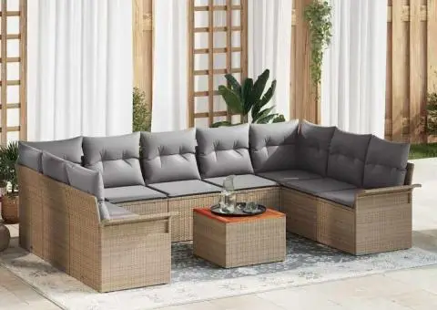 Set de 10 piese de canapele pentru grădină cu perne bej poliratan acacia - 1/5