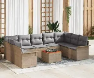 Set de 10 piese de canapele pentru grădină cu perne bej poliratan acacia