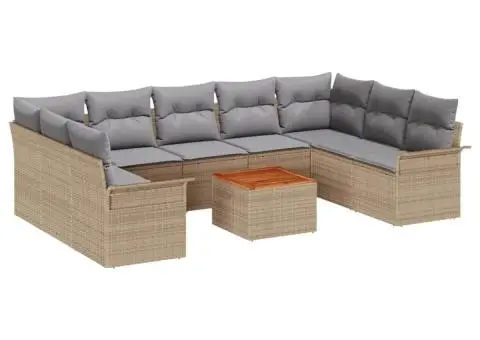 Set de 10 piese de canapele pentru grădină cu perne bej poliratan acacia - 2/5