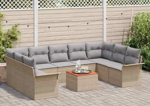 Set de 10 piese de canapele pentru grădină cu perne bej poliratan acacia - 3/5