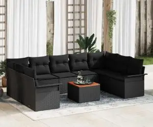 Set de Canapea pentru Grădină cu 10 Piese cu Perne Negru Poliratan Acacia