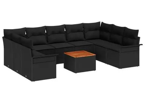 Set de Canapea pentru Grădină cu 10 Piese cu Perne Negru Poliratan Acacia - 2/5