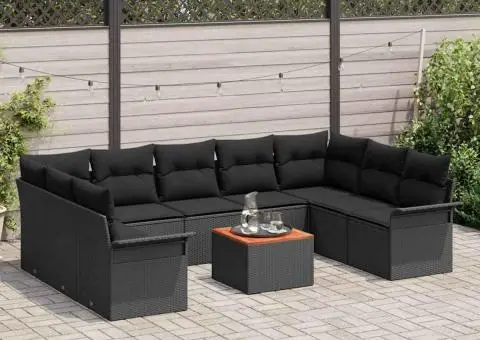 Set de Canapea pentru Grădină cu 10 Piese cu Perne Negru Poliratan Acacia - 3/5