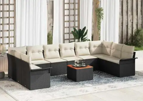 Set de sofa pentru grădină 11 piese cu perne negre din poli ratan acacia - 1/5