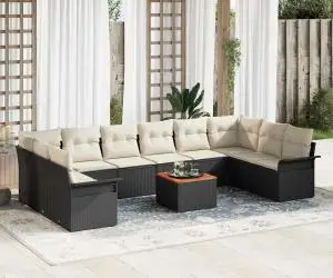 Set de sofa pentru grădină 11 piese cu perne negre din poli ratan acacia