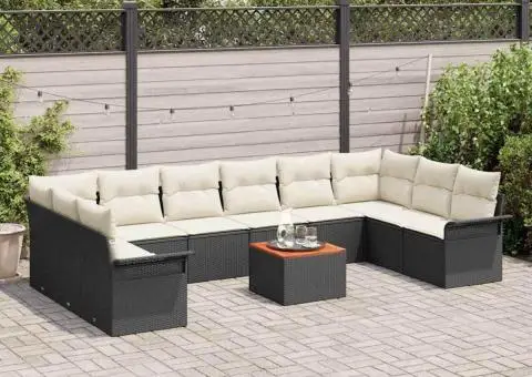 Set de sofa pentru grădină 11 piese cu perne negre din poli ratan acacia - 3/5