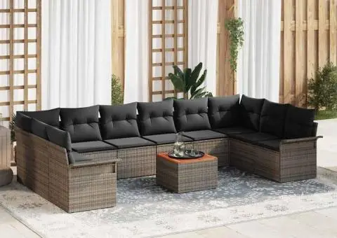 Set de Canapea de 11 Piese pentru Grădină cu Perne Gri Poli Ratan Acacia - 1/5