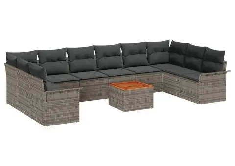 Set de Canapea de 11 Piese pentru Grădină cu Perne Gri Poli Ratan Acacia - 2/5