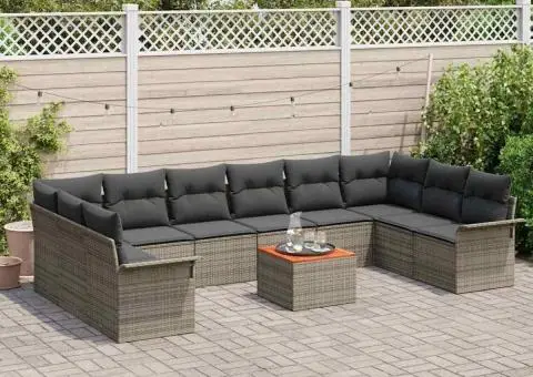 Set de Canapea de 11 Piese pentru Grădină cu Perne Gri Poli Ratan Acacia - 3/5