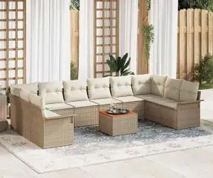 Set de Canapea 11 Piese cu Perne Bej Ratan Polimeric Acacia
