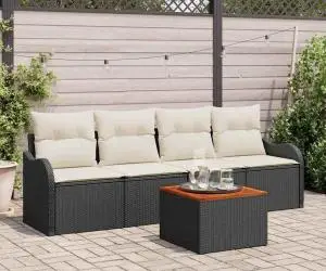 Set de canapele de grădină 5 piese cu pernă Negru Poliratan Acacia
