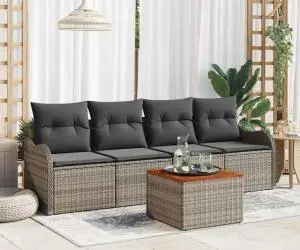 Set Canapea Grădină cu 5 Piese cu Pernuțe Gri Ratan Polimer Acacia