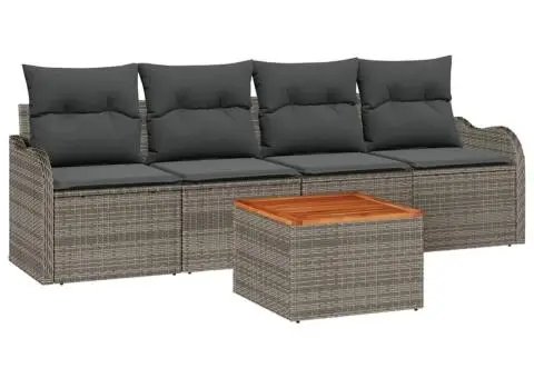 Set Canapea Grădină cu 5 Piese cu Pernuțe Gri Ratan Polimer Acacia - 2/5