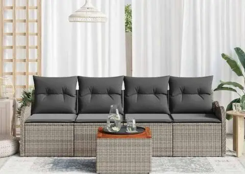 Set Canapea Grădină cu 5 Piese cu Pernuțe Gri Ratan Polimer Acacia - 3/5