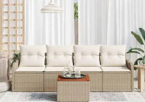Set de sofa de grădină 5 piese cu perne Bej Poli Ratan Acacia - 3/5