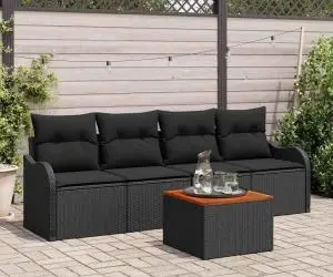 Set de sofa de grădină vidaXL 5 piese cu perne Negru Poliratan Acacia