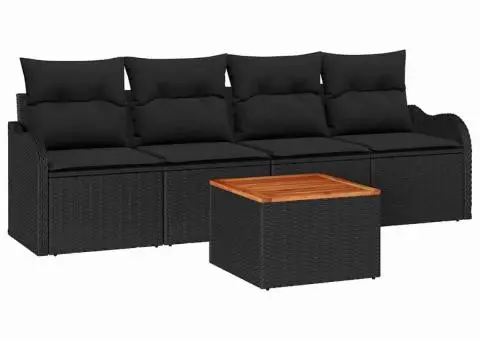 Set de sofa de grădină 5 piese cu perne Negru Poliratan Acacia - 2/5