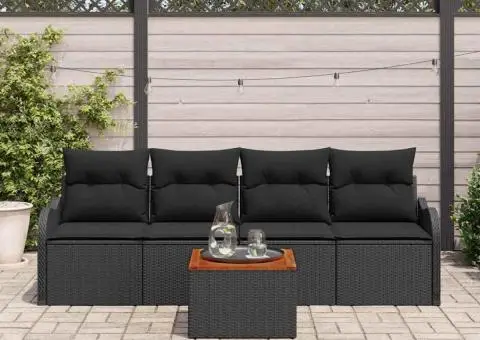 Set de sofa de grădină 5 piese cu perne Negru Poliratan Acacia - 3/5